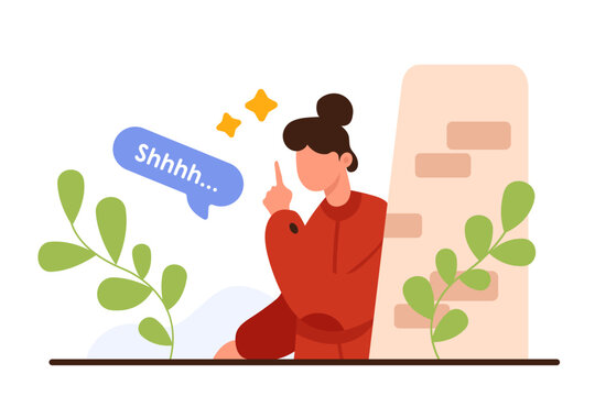 Please keep secrets and dont gossip with silence gesture. Woman peeking out and looking from behind wall with finger to mouth and warning Shhh text in speech bubble cartoon vector illustration