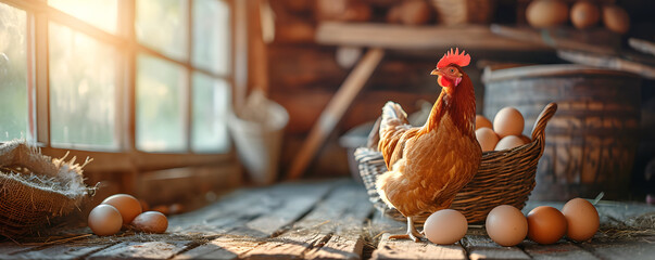Chicken standing in front of eggs on an old wood floor in the style of golden light, some eggs is in a basket in farm cabincore, farm administration aesthetics concept - obrazy, fototapety, plakaty