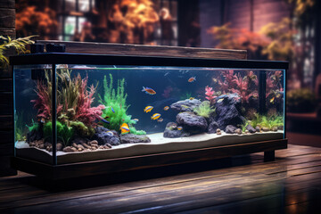 A sophisticated aquarium with colorful fish gracefully swimming, creating a tranquil ambiance and...