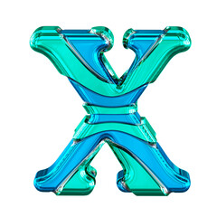 Blue 3d symbol with turquoise horizontal thin straps. letter x