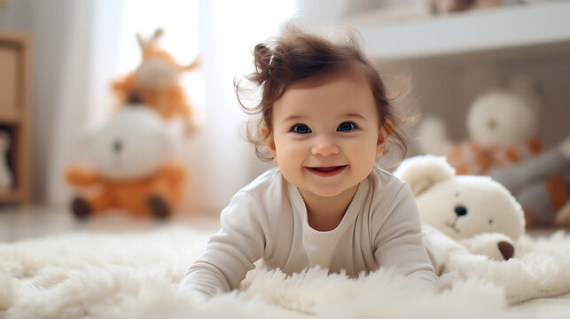  A playful baby girl crawling on a fluffy rug in a well-decorated nursery, surrounded by cute baby furniture and toys, captured in delightful high definition