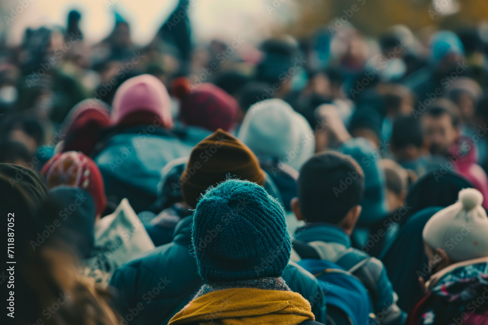 Poster A crowd of refugees crosses the border. Background with selective focus and copy space