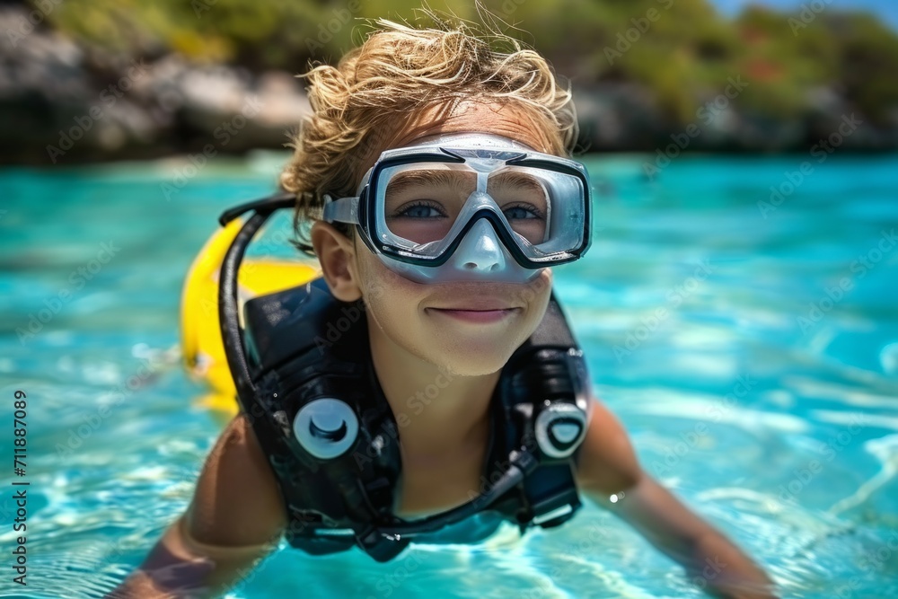 Poster child at diving lessons. background with selective focus and copy space
