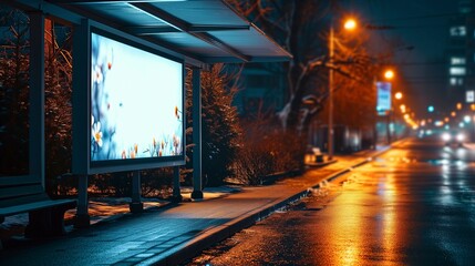 Rainy Night at a Bus Stop with an empty Flower Ad Billboard - obrazy, fototapety, plakaty