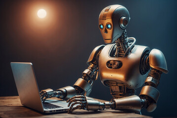 Robot sitting at a laptop