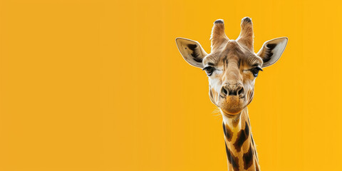 Obraz premium A happy giraffe offers copy space on the side against a clean, single-color background.Generative AI