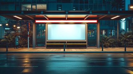 Nighttime City Bus Stop with Illuminated Blank Billboard Mockup