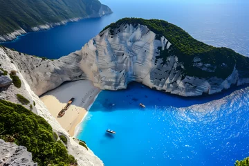 Photo sur Plexiglas Plage de Navagio, Zakynthos, Grèce Navagio Beach, Greece - Encircled by towering cliffs and accessible only by boat, Navagio Beach on Zakynthos Island boasts a shipwreck, azure waters, and a captivating coastal landscape