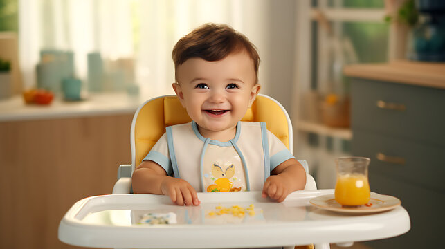 An inquisitive baby boy sitting in a high chair, exploring his first taste of solid food, with colorful baby utensils and a bib, creating a charming HD image