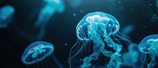 Ethereal jellyfish float in the deep blue sea, their bioluminescent bodies casting a ghostly glow in the watery abyss
