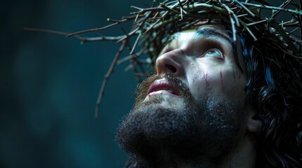 Jesus Christ with a crown of thorns looking at the sky with a crucified sad face. Catholic religion concept - obrazy, fototapety, plakaty