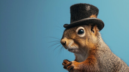 A whimsical squirrel dons a top hat, its bright eyes and poised paws painting a portrait of playful...