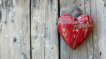 A rustic, heart-shaped object painted red against a weathered wooden background, symbolizing love with a touch of vintage charm