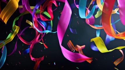 A dynamic arrangement of colorful ribbons twirling in the air against a dark background, creating a vibrant and festive atmosphere