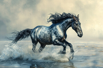 Artwork of liquid horse jumps and runs in water