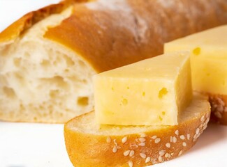 Bread and cheese closeup isolated on white background