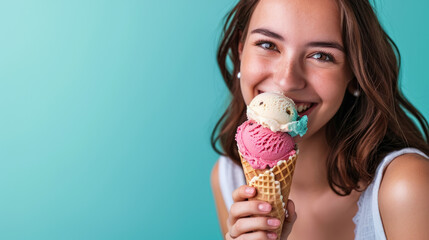 A woman wearing a big smile as she enjoys a waffle cone filled with colorful ice cream on a mint blue background, closeup. Copy space.