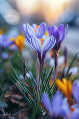 Fototapeta premium Purple Crocuses in Early Spring Twilight. soft focus, bokeh.