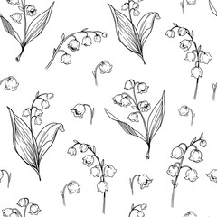 Lily of the valley flowers,  botanical illustrations, floral seamless pattern. Hand drawn vector sketches © aksol