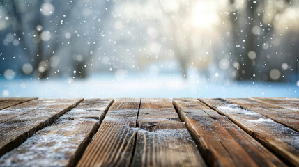 Naklejka na ściany i meble Empty old wooden table with blurred winter theme in background, perfect for product Display