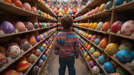 The Enigmatic Journey of a Curious Child, Exploring a Vibrantly Ornate Chamber Filled With Imitation Eggs - obrazy, fototapety, plakaty