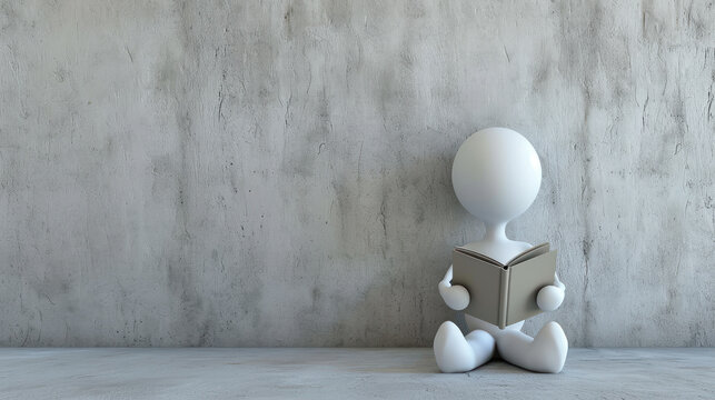 A white stick figure is reading a book, white concrete background. Generative AI