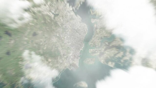 Earth zoom in from space to Zhanjiang, China. Followed by zoom out through clouds and atmosphere into space. Satellite view. Travel intro. Images from NASA