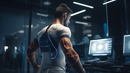 a man in a modern sports science lab, utilizing AI analytics and wearable technology to optimize...