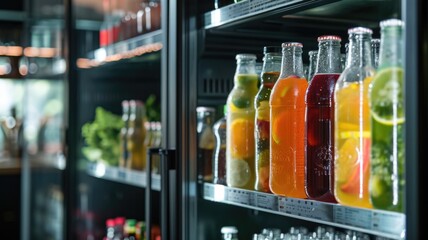 cold non-alcoholic drinks are poured into bottles standing in a row in the refrigerator of the bar. Break from drinking alcohol