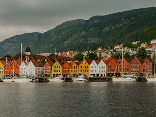 View on Bryggen. Historical part of Bergen. Multicolored Norwegian-style houses