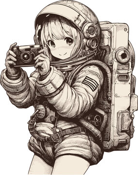 Girl astronaut taking pictures in space, vector isolated, sepia color