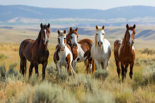 These paint pinto horses mustangs herd band gather for protection in wild mustang horse country range in desert badlands sagebrush of Wyoming