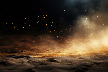 Background with sand, sparks and golden bokeh. Generated by artificial intelligence