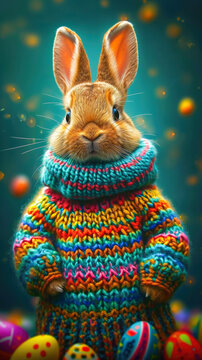 Close-up of a rabbit in knitwear and Easter eggs