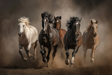 Horse herd portrait run fast against dark sky in dust - 711889867