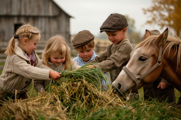 Five children feeding a horse some grass at Old World Wisconsin in Eagle, WI