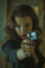 A femme fatale holding a gun in 40's noir style. 
