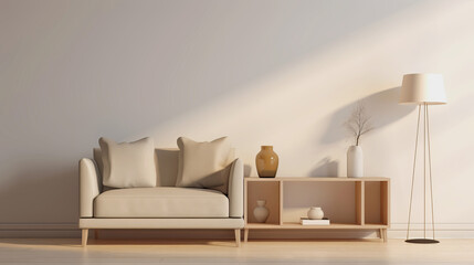 minimalistic beige interior with a mini sofa, an open bedside table with vases, an empty space on the wall