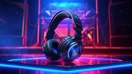 3d rendering of headphones in neon light background, Music concept, Ai Generated
