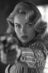 A femme fatale holding a gun in 40's noir style. 