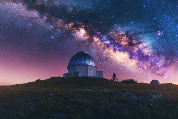 Fototapeta na wymiar Observatory on Hill Under Starry Night Sky