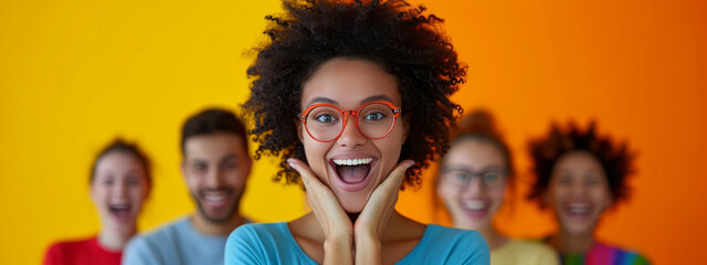 Vibrant Human Kaleidoscope, A Colorful Gathering Unfolds Against a Sunny Yellow Backdrop