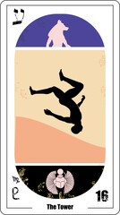 Egyptian tarot card number sixteen, called the tower. Silhouette of person falling.