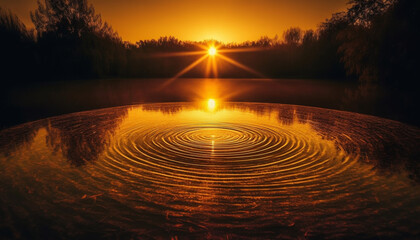 Fototapeta na wymiar Nature beauty reflected in tranquil pond, sunset paints vibrant landscape generated by AI