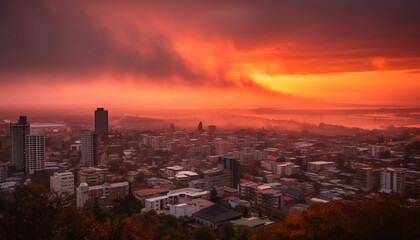 Fototapeta na wymiar Sunset over cityscape, autumn dusk, skyscrapers illuminate urban skyline at night generated by AI