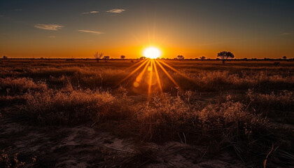 Obraz premium Sunset over a tranquil meadow, nature beauty in yellow and blue generated by AI