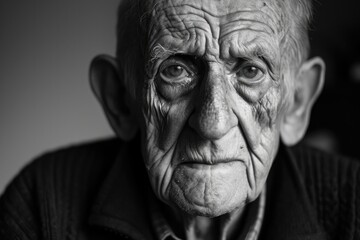 An aged human face tells a story of a life well-lived, with wrinkles etched like a map on his skin, capturing the wisdom and strength of a senior citizen's jaw and forehead in a powerful monochrome p