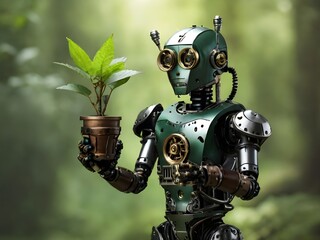 Steampunk Roboter mit einer kleinen grünen Pflanze