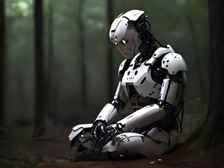 Einsamer Roboter sitzt alleine im Wald - obrazy, fototapety, plakaty