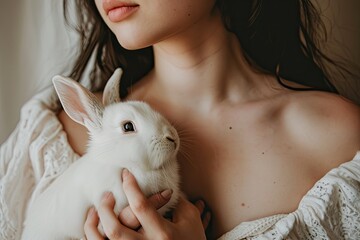 A serene woman cradles a soft white bunny in her arms, their gentle features mirroring one another in a peaceful indoor setting